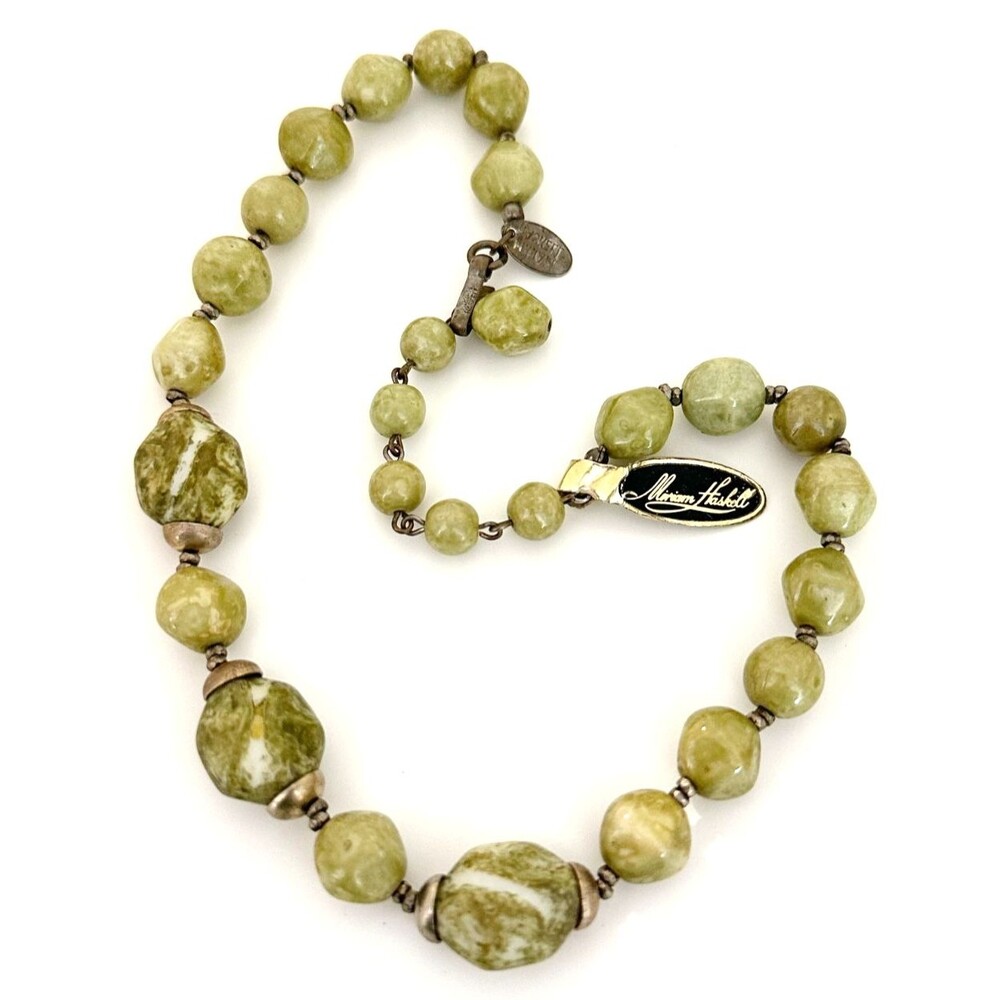 Vintage Signed Miriam Haskell Marbled Green Glass Nugget Bead Statement Necklace